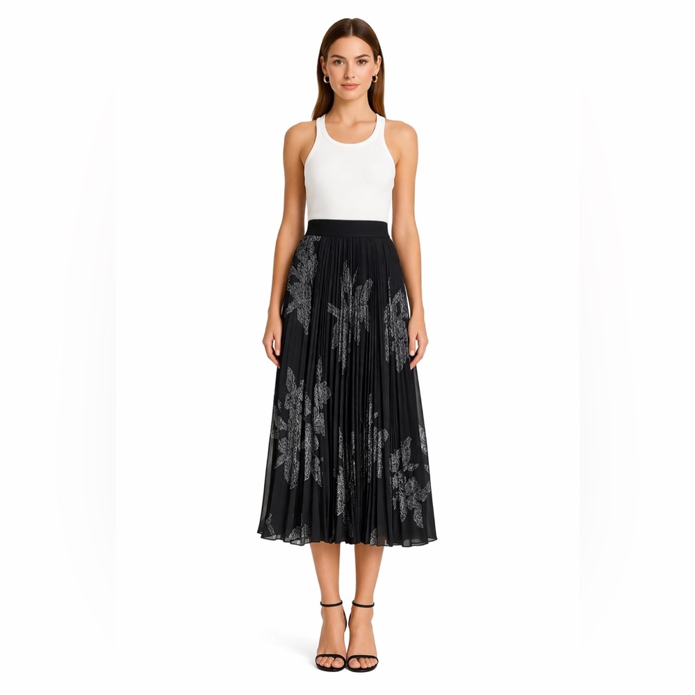 Parachute Black Pleated Midi Skirt with Silver Floral Print - Picture 1 of 6
